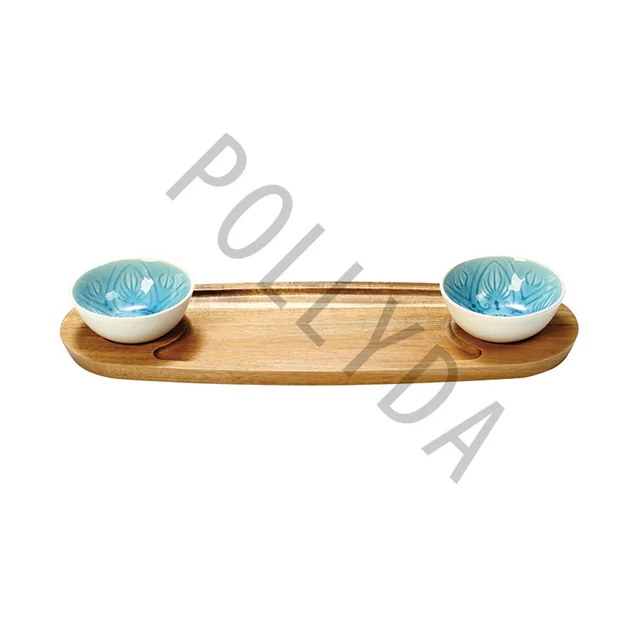 Acacia Wood snack tray With Ceramic sauce Dish AC031S3