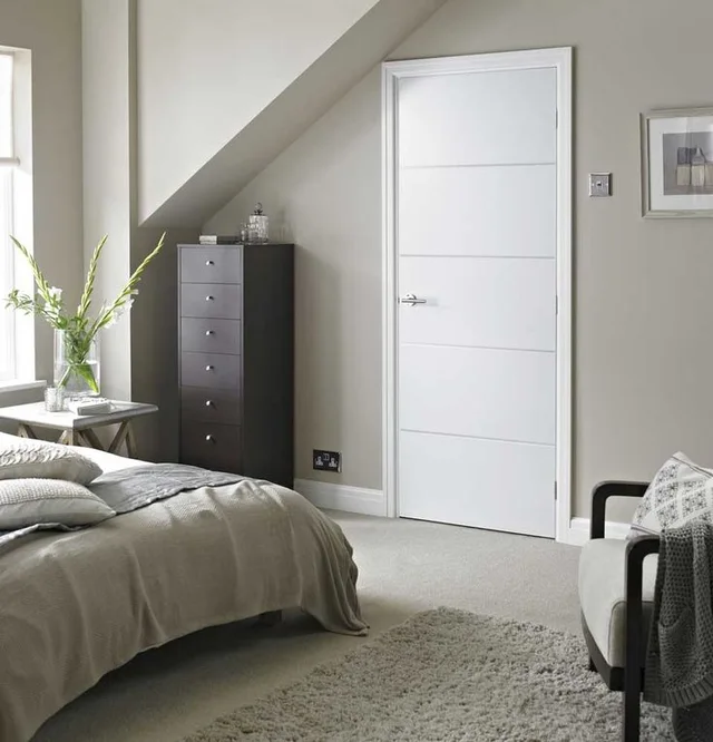 Flush Design with Groove White Lacquer Wooden Door