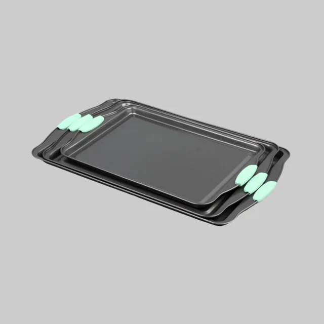 Non-stick bakeware cookie sheet with silicone handle