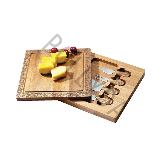 Laser pattern Acacia Wood Cheese Board And cheese Knife Set