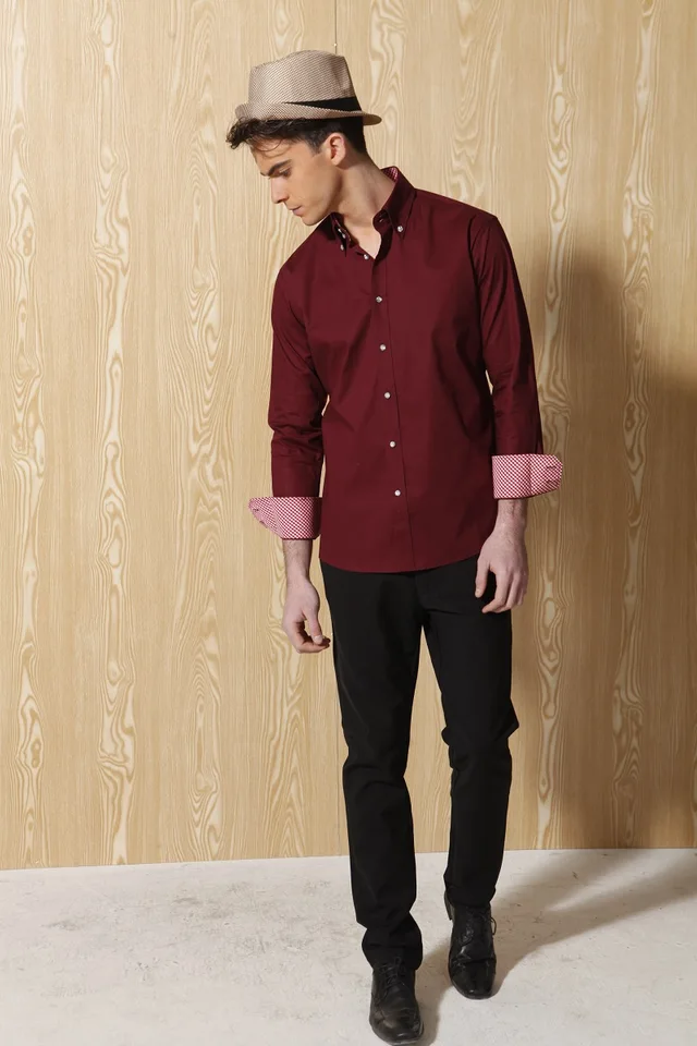Mens woven shirt spandex business/caasual long sleeve collar down