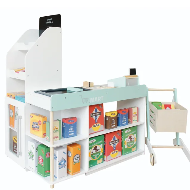 Wooden super market with trolly pretend toy