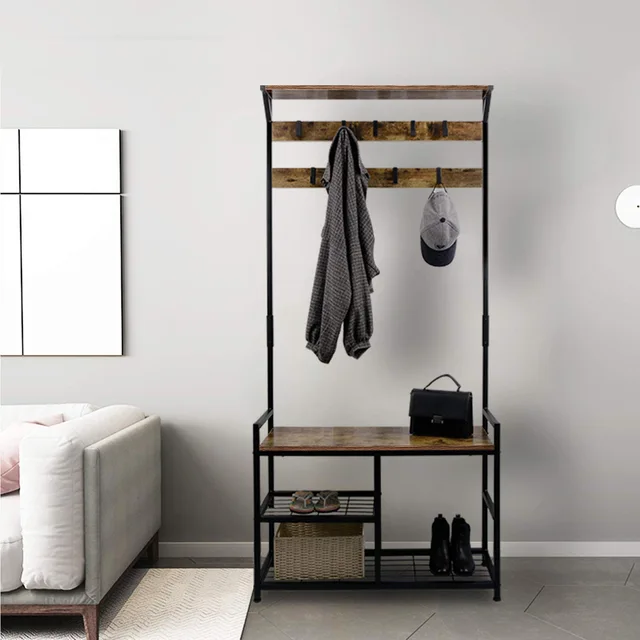 Modern Industrial Coat Tree,Coat Rack Shoe Bench with Removable 9 Hooks, Hall Tree Entryway Storage Shelf, Metal Frame