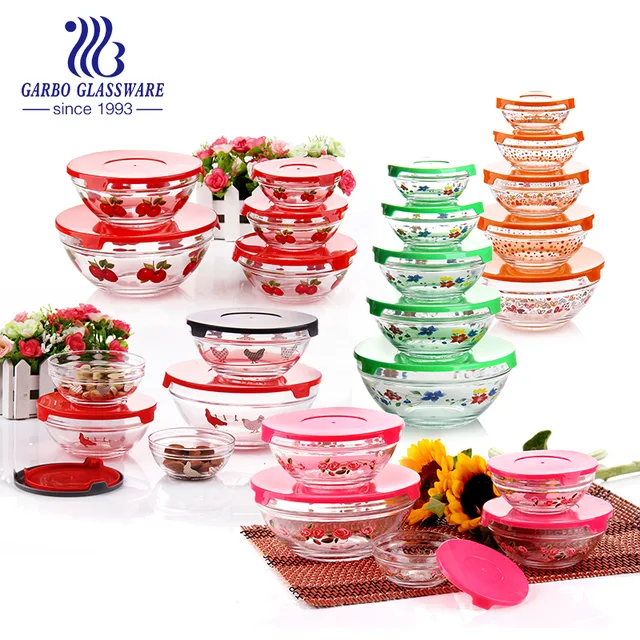 5Pcs classic cheap food serving decal glass salad bowl set with PP lids