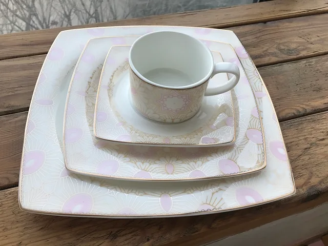 Bone china square TY dinner set gold platinum
