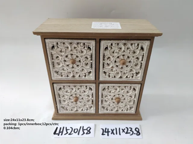 Small wooden cabinet with four drawers in ancient style and embossed pattern