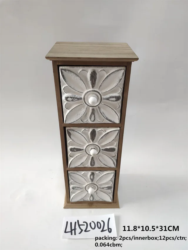 Retro laminated pattern vertical three grid drawer box small wooden cabinet