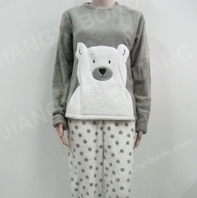Womens Coral Fleece Pajama Set With Patch Embroidery