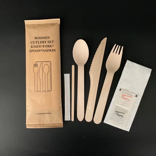 Wooden disposable cutlery set pack YD-KIT 8 in 1