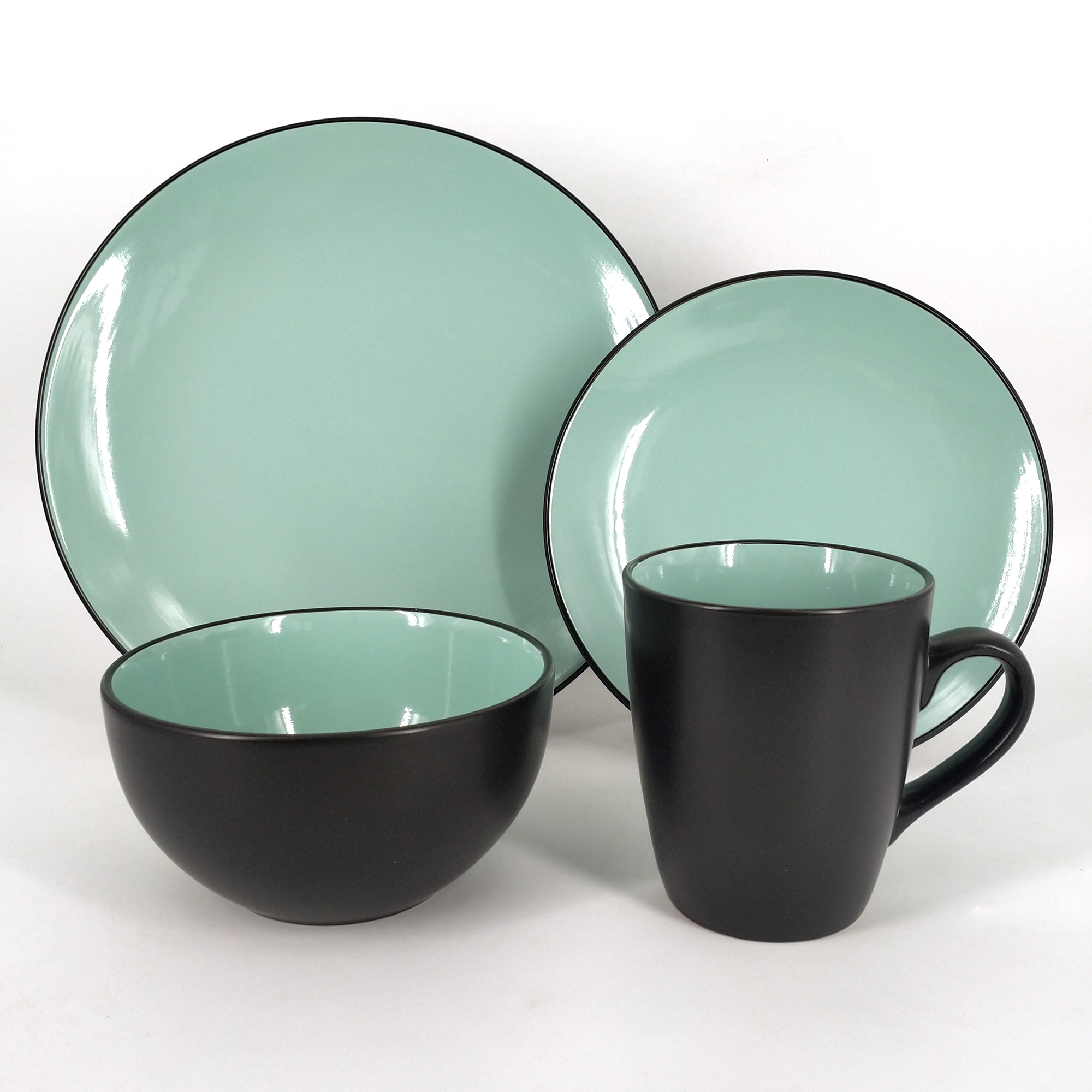 Stoneware two tone color glazed 16pcs dinner set outside black inside green
