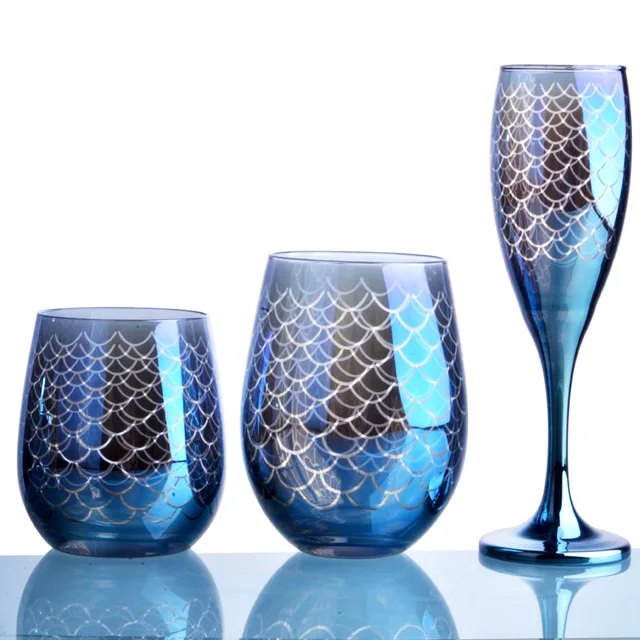 Electroplated blue wine glass suit with fish scale pattern