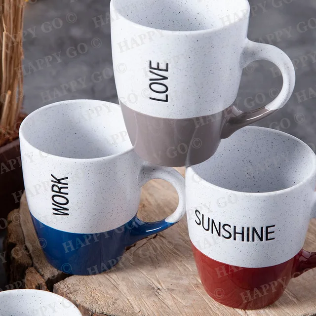 6OZ / 12OZ drum cup Half color glazed speckled design with silk screen printing stoneware breakfast tableware