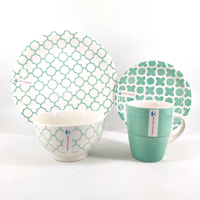 2020Factory whole sale 16pcs hand painted and stamp decal stoneware dinnerware for houseware