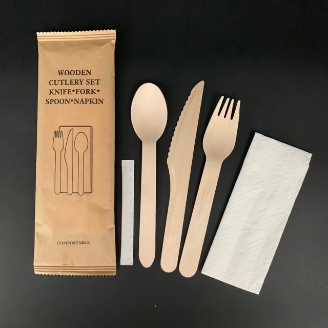 Wooden disposable cutlery set pack YD-KIT 5 in 1