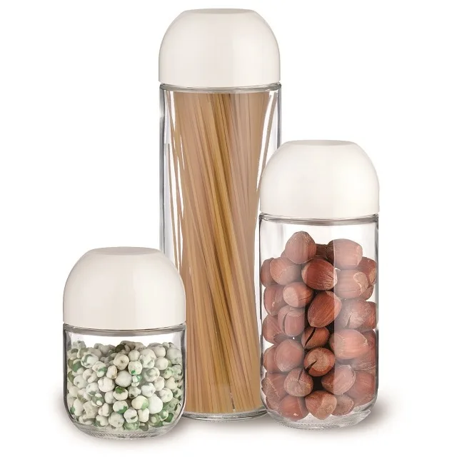 Hot selling glass storage jar set with measuring lid, Set of 3 glass storage canister in twisting lid