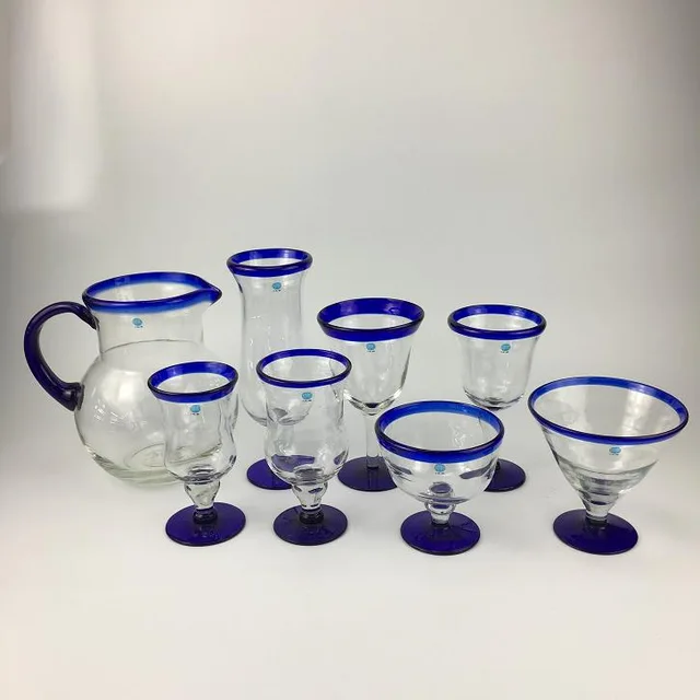 Open Mouth Water Jugs And Wine Goblets Collections With Solid Blue Color Rim