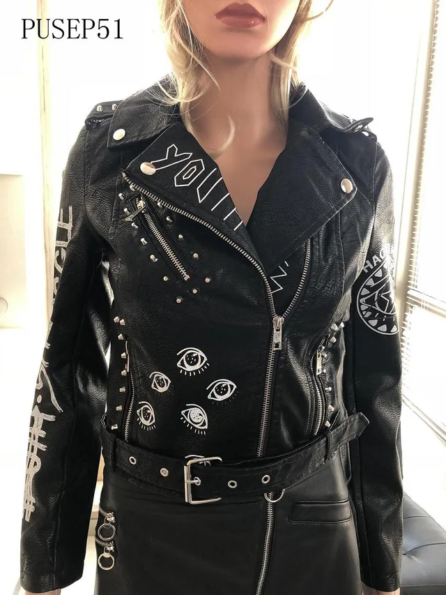 Ladies Print Embroider With Studs Pu Jacket