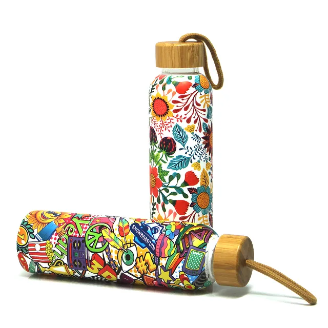 Full pattern design glass water bottle with bamboo lid