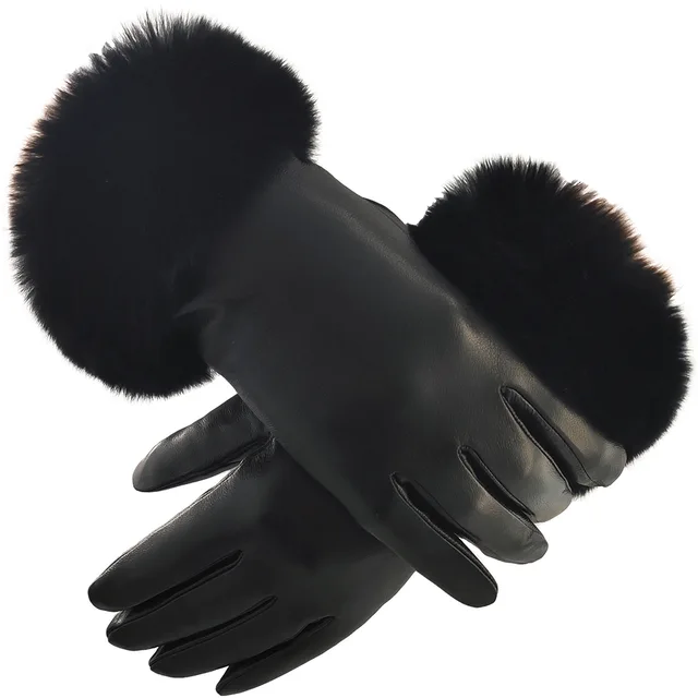 Custom womens luxury winter warm Real rabbit fur cuff sheepskin leather gloves
