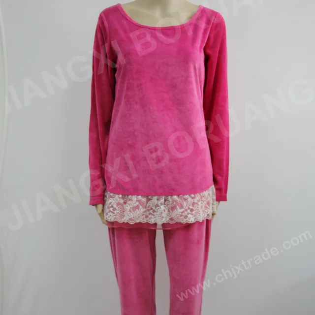 Womens 100%polyester Velour Fleece Pajama Set With Lace