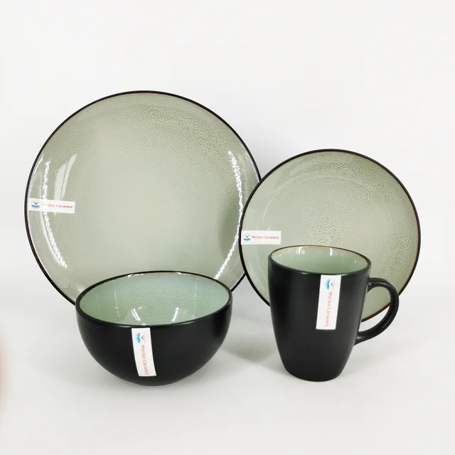 Green black stoneware two tone color glazed reactive glazed 16pcs dinner set