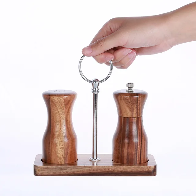 Rubberwood/acacia pepper mill set with tray(ceramic grinder+aluminum stick)