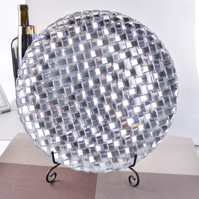 Silver woven pattern glass plate, fruit glass charger plate, cushion plate