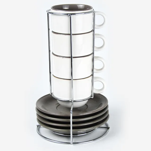 4pcs 5oz ceramic cup & 4pcs saucer set with 2-tone glaze & iron stand
