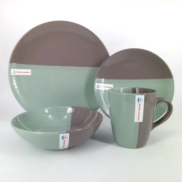 Splicing two tone color glazed stoneware 16pcs dinner set