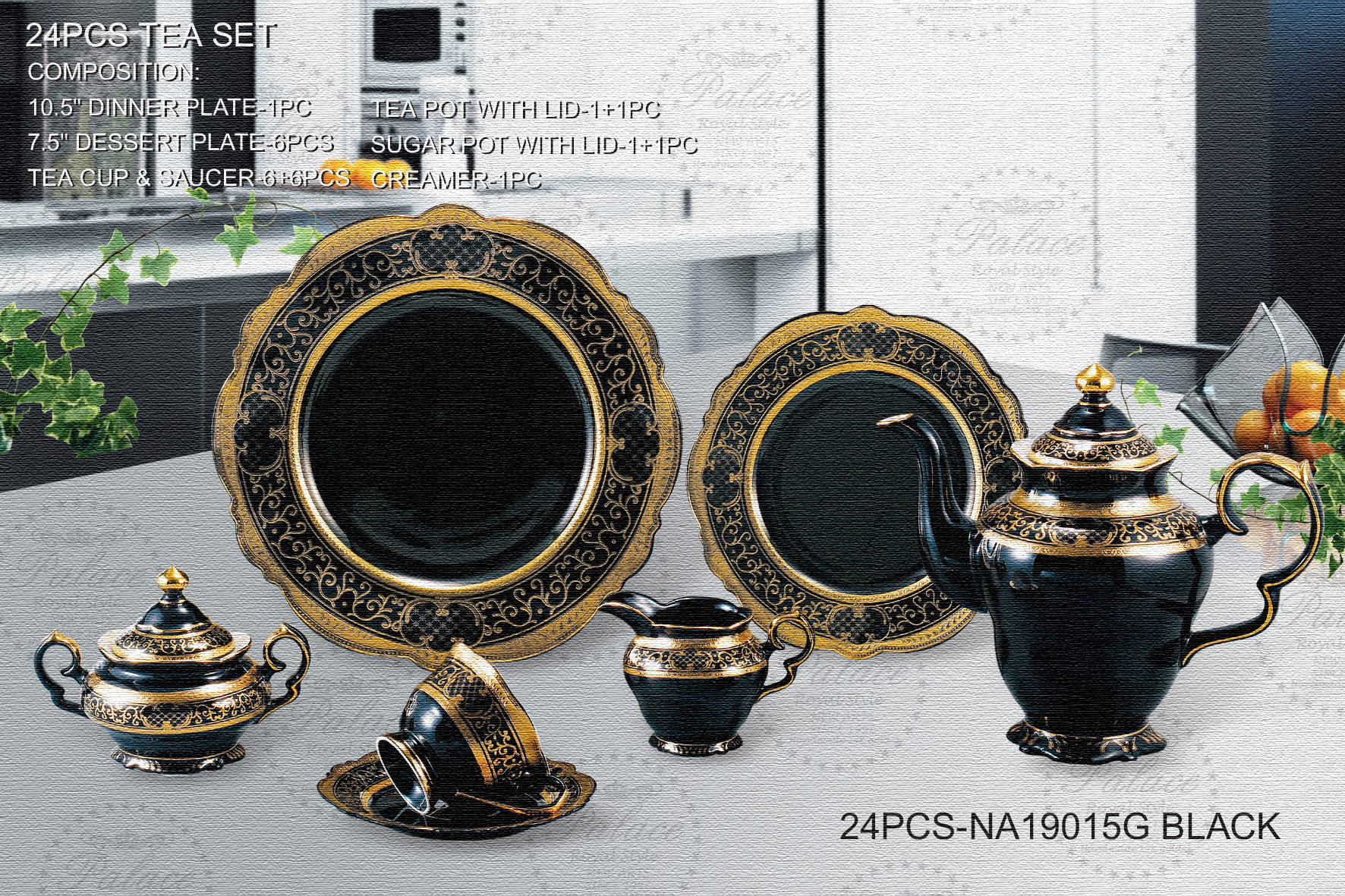 Emboss Gold New Bone China 24pcs Tea Set