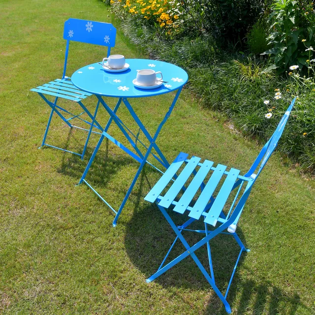 3-Piece Floral Metal Bistro Set - Outdoor Conversation Set for Patio, Yard, Garden - Blue
