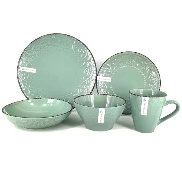 Stoneware solid color glazed embossed 16pc dinner set