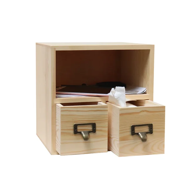 Wooden storage box with drawers portable desktop cabinet organizer for home office decor