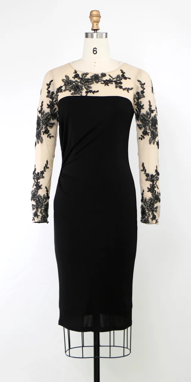 Women's Elegant Mesh Contrast embroidery Long Sleeve Bodycon Pencil Cocktail Dress with Keyhole Back