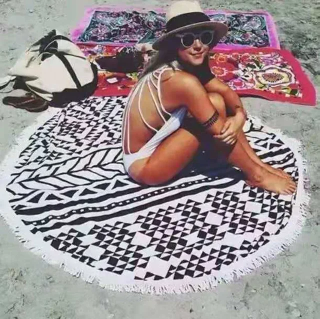 Microfiber printed tassel round beach towel