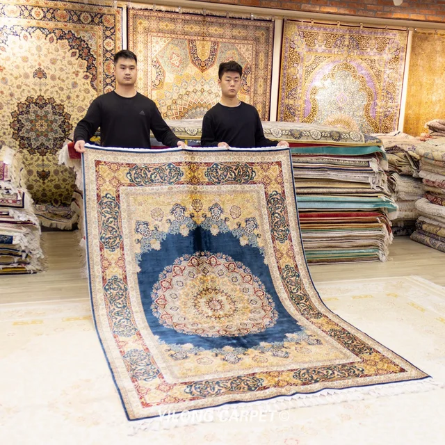 Yilong 5.5'x8' Persian carpet medallion rectangle vantage blue handmade silk rugs
