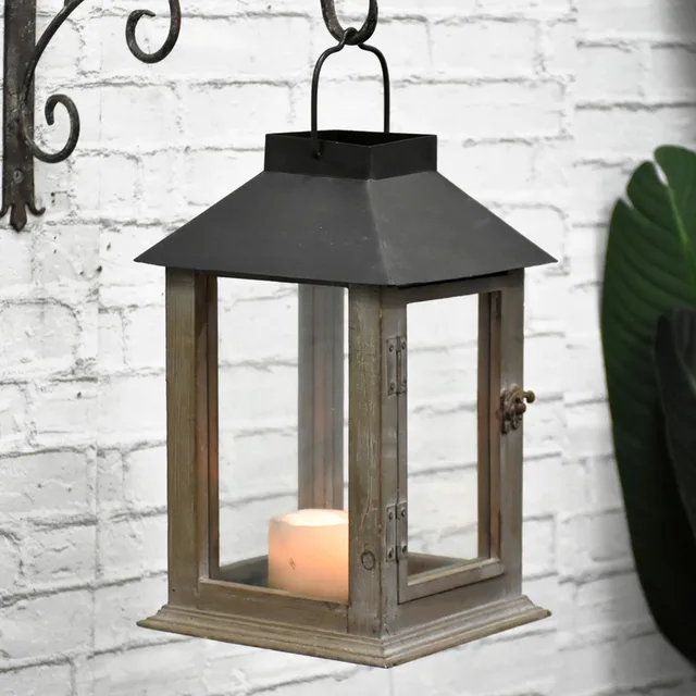 Wooden Lantern With Metal Top For Home and garden decor