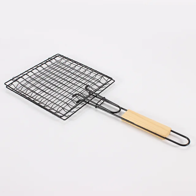 New design non-stick coating BBQ grill basket with wood handle