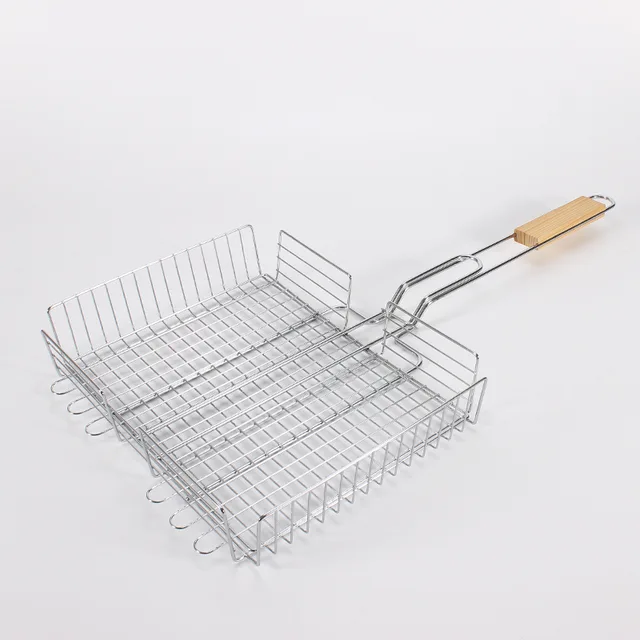 Amazon Hot Sale BBQ Grill Basket/BBQ Net with Non-stick Coating in wood handle Yangjiang Sabre