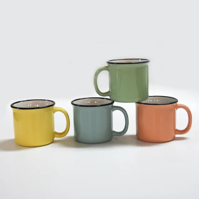 Two tone can shape stoneware coffee mug with color rim enamel mug ceramic mug