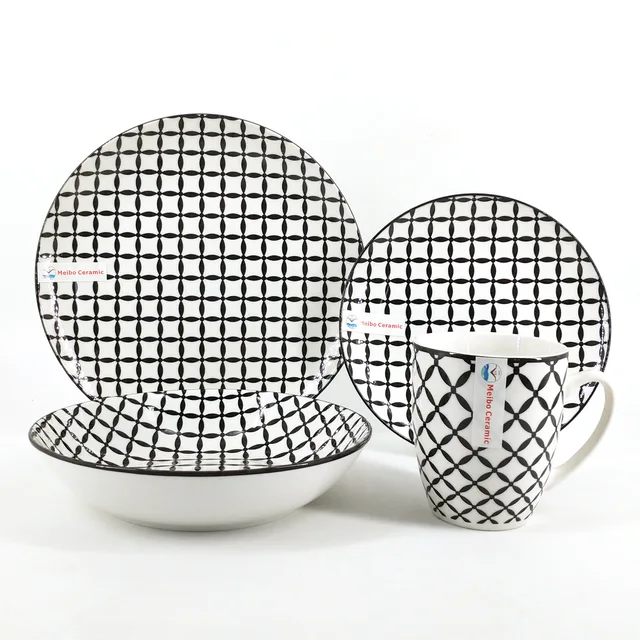 Hot selling check design pad printing porcelain dinner set with color rim