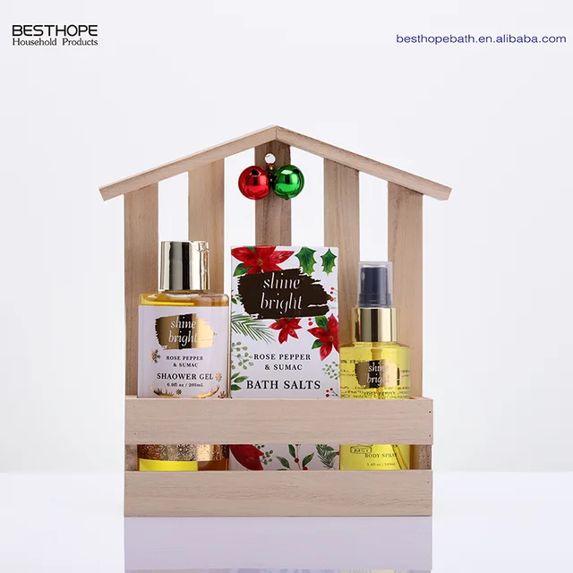 Custom christmas shower gel body mist spa salt wooden box gift set