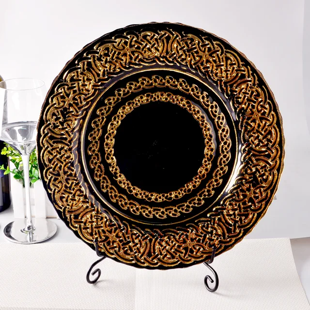Vintage classic black and gold glass charger plate for home kitchen dishes