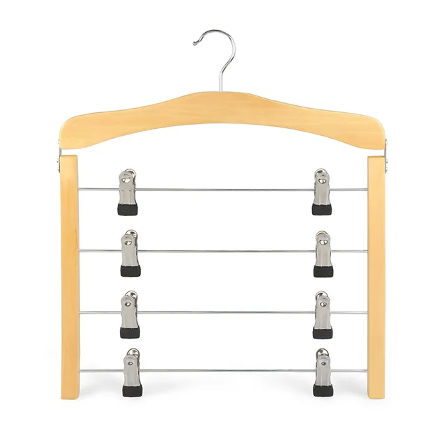 Multifunction space-saving wooden pants/slack hanger rack with 4 tiers of metal clips