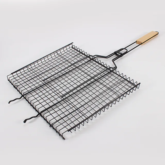 Grill Basket, BBQ Wire Mesh Grill Net with Wood Handle for Fish,Vegetables, Steak