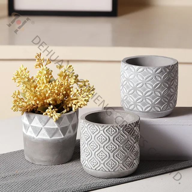 Cement Round shape flower Pot with embossed pattern
