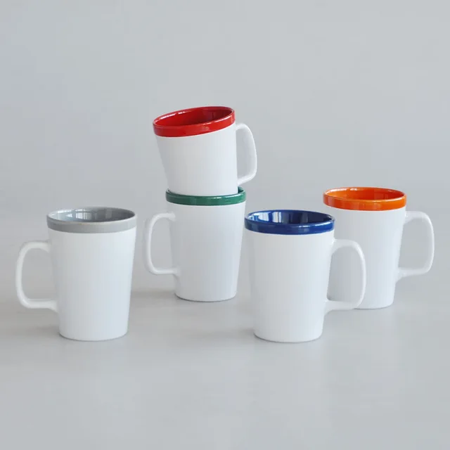 16oz two tone color V shape stoneware matte coffee mug with square handle and color rim ceramic mug