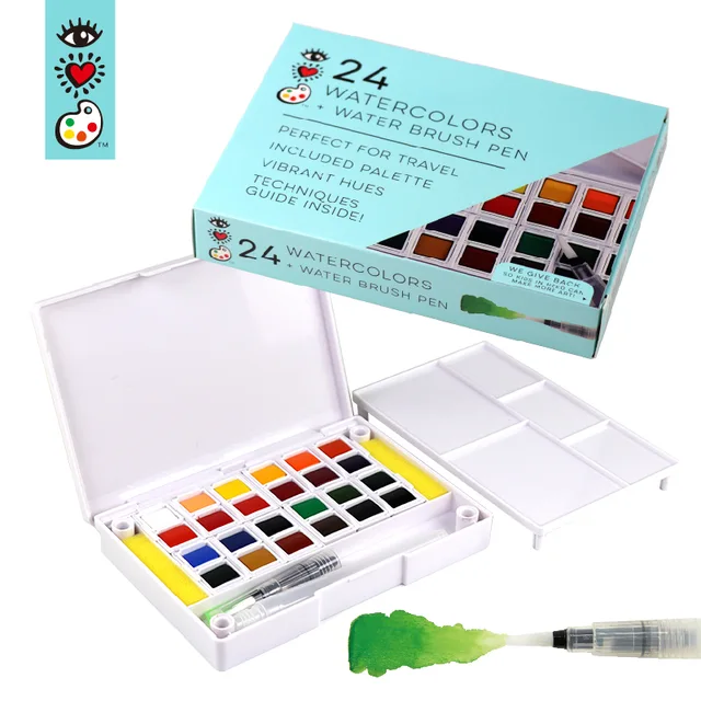 24 Water Colors set Travel Pocket Set with Free Refillable Water Brush pen