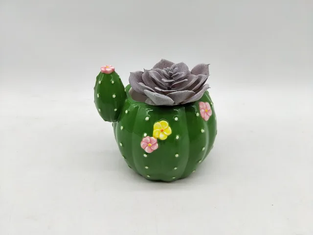 Ceramic cactus flower pot with fake plant