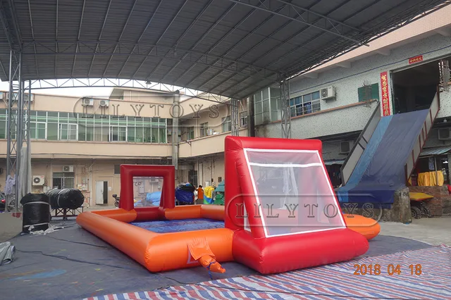 CE outdoor inflatable football field for rent, soccer football goal post for party, 0.55mm football games